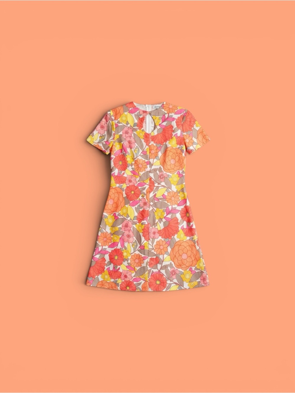 Floral A-Line Short Sleeve Vintage Dress in Coral, Pink & Yellow